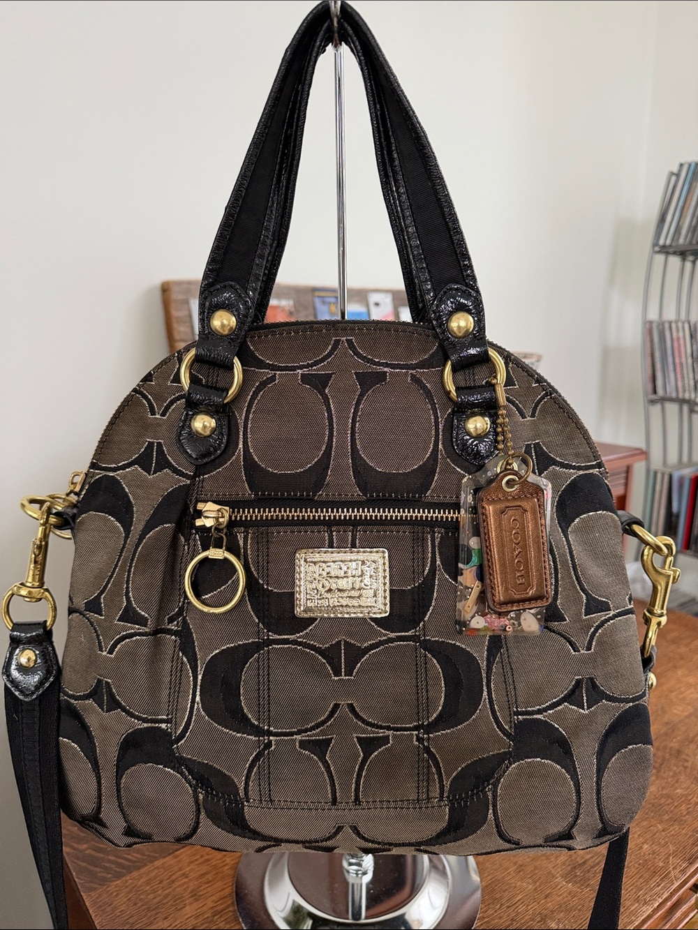 Coach Poppy domed satchel crossbody, brown w/gold lurex & confetti hangtag